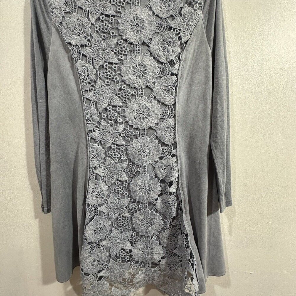Feratelli Women's Boho Art Top Gray Long Sleeve Tunic Style Lace Crochet SZ M - Picture 11 of 16